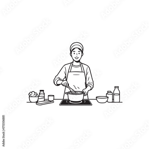 Black and White Vector Illustration of a Smiling Woman Cooking in Kitchen with Apron and Headband
