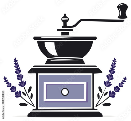 Vintage coffee grinder illustration with lavender sprigs, evoking aroma and rustic charm in a simple, elegant style.