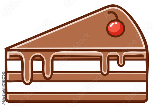 Chocolate Cake Slice with Cherry Cartoon Style Illustration for Dessert and Sweet Treat Themes