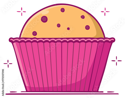 Charming Cupcake Delight Cartoon Style Sweet Treat in Pink Wrapper with Sprinkles and Sparkling Accents