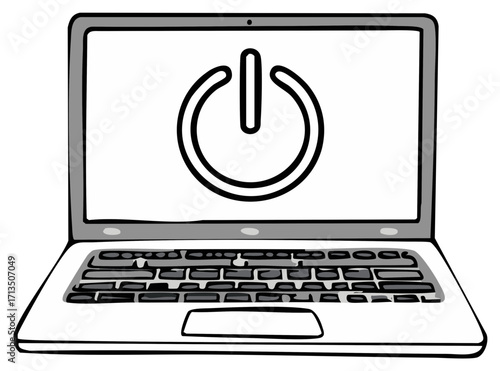 Laptop Computer with Power Button Symbol on Screen in a Simple Line Drawing Style