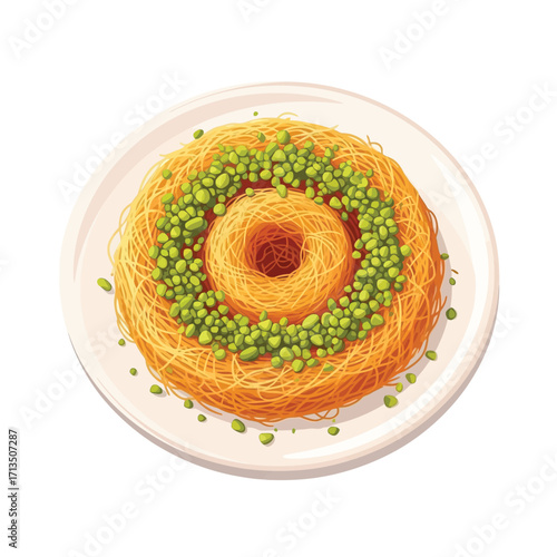 Golden shredded pastry dessert, intricately arranged and generously topped with vibrant green pistachios. A sweet, crispy, and delightful culinary indulgence presented on a pristine white plate