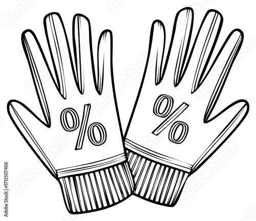 Illustration of a pair of gloves with percentage symbols, representing sale