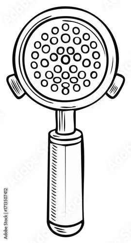 Hand drawn black and white illustration of an espresso portafilter with a perforated basket and handle