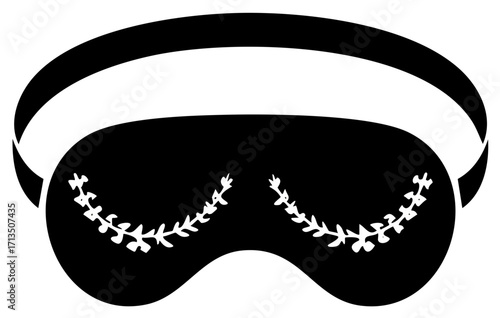 Sleep mask illustration in black and white with floral leaf design, sleeping aid