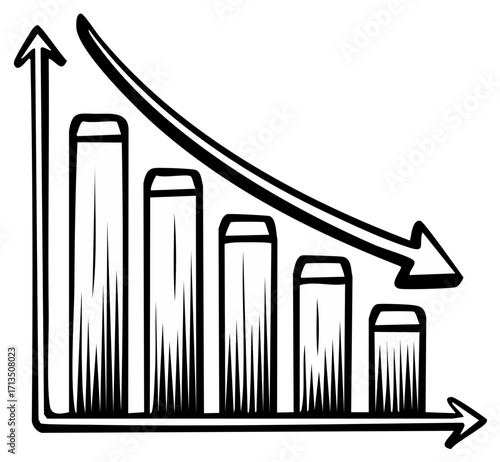 Hand Drawn Illustration Showing Bar Graph and Downward Arrow for Losses or Declines