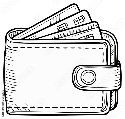 Hand-Drawn Illustration of Leather Wallet with Credit Cards Isolated on White