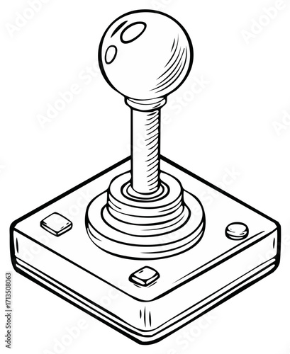 Retro gaming joystick with spherical control and buttons, line art illustration