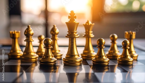 Gold chess pieces on a board, strategic positioning