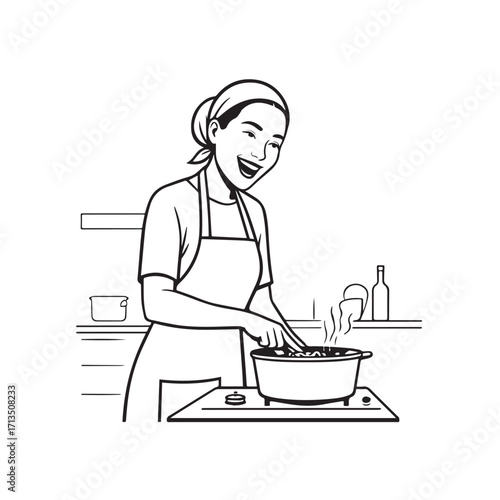 Black and White Vector Illustration of a Smiling Woman Cooking in Kitchen with Apron and Headband
