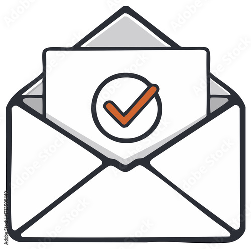 Open envelope with a confirmed message inside, featuring an orange checkmark icon for success or approval.