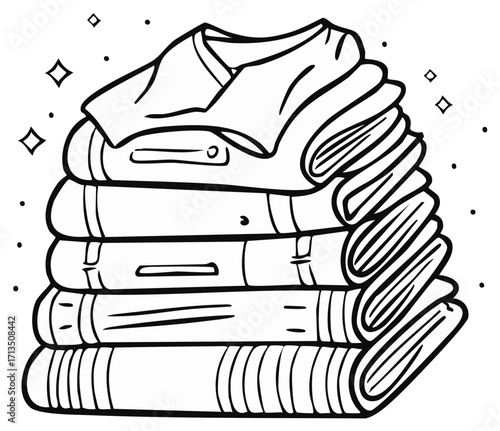 Stack of neatly folded clothes with sparkles monochrome outline cartoon illustration