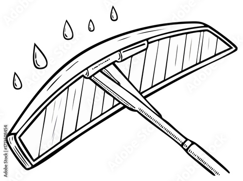 Cartoon illustration of a cleaning squeegee wiping a surface with water droplets, line art doodle style