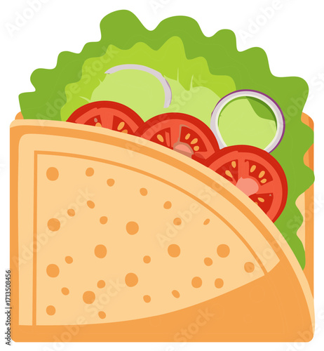 Vibrant Illustration of a Healthy Food Wrap with Fresh Sliced Tomatoes Lettuce and Red Onion Rings