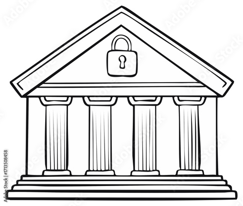 Illustration of a courthouse building with four columns and a padlock symbol