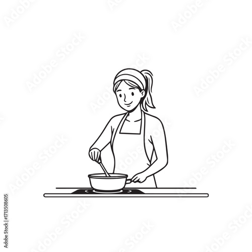 Black and White Vector Illustration of a Smiling Woman Cooking in Kitchen with Apron and Headband
