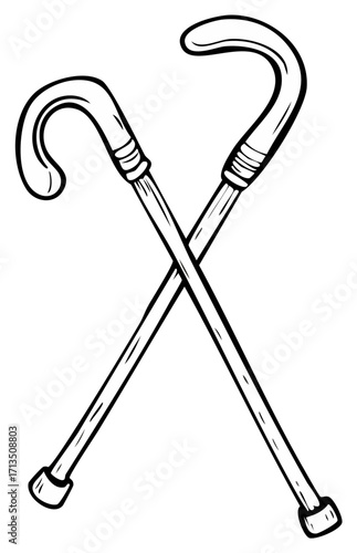 Vintage walking canes crossed line drawing offering support and assistance