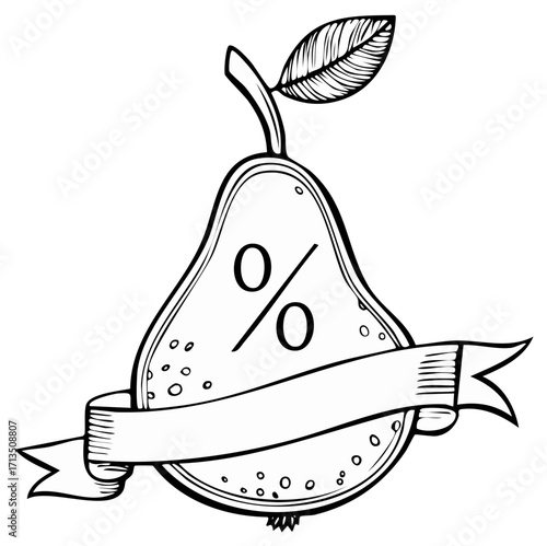Pear Illustration with Percentage Sign and Blank Ribbon Banner for Promotion