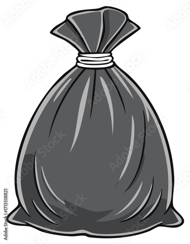 Black Plastic Bag Illustration Sealed with White Tie for Waste Disposal, Cleanup, or Household Trash