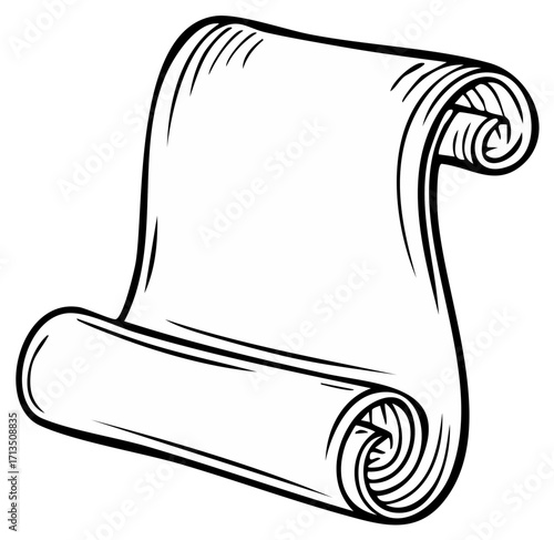 Ancient scroll with curled edges and open space for text in black and white drawing