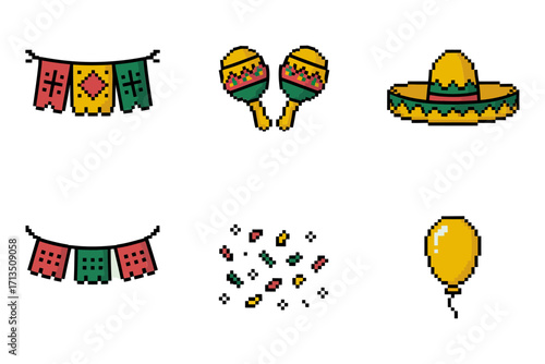 Party bunting pixel icons, festive banners maracas sombrero balloon, sprinkled confetti, minimal decorations pack, playful celebration theme vector