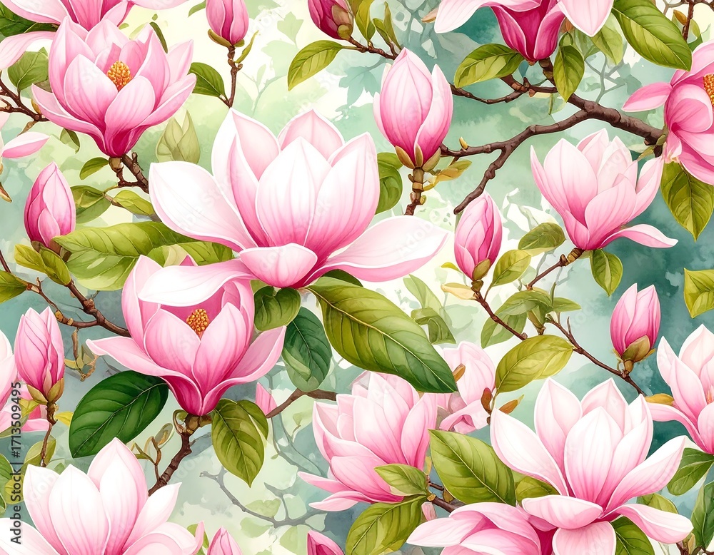 Fototapeta premium Delicate magnolia blossoms in a repeating pattern