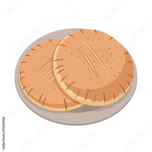 Freshly baked pita bread on a plate, a healthy traditional meal. Vector illustration of warm flatbread for a delicious snack or dinner