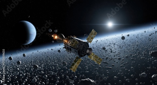 Spacecraft Explores Asteroid Field Near Distant Planet with Bright Star