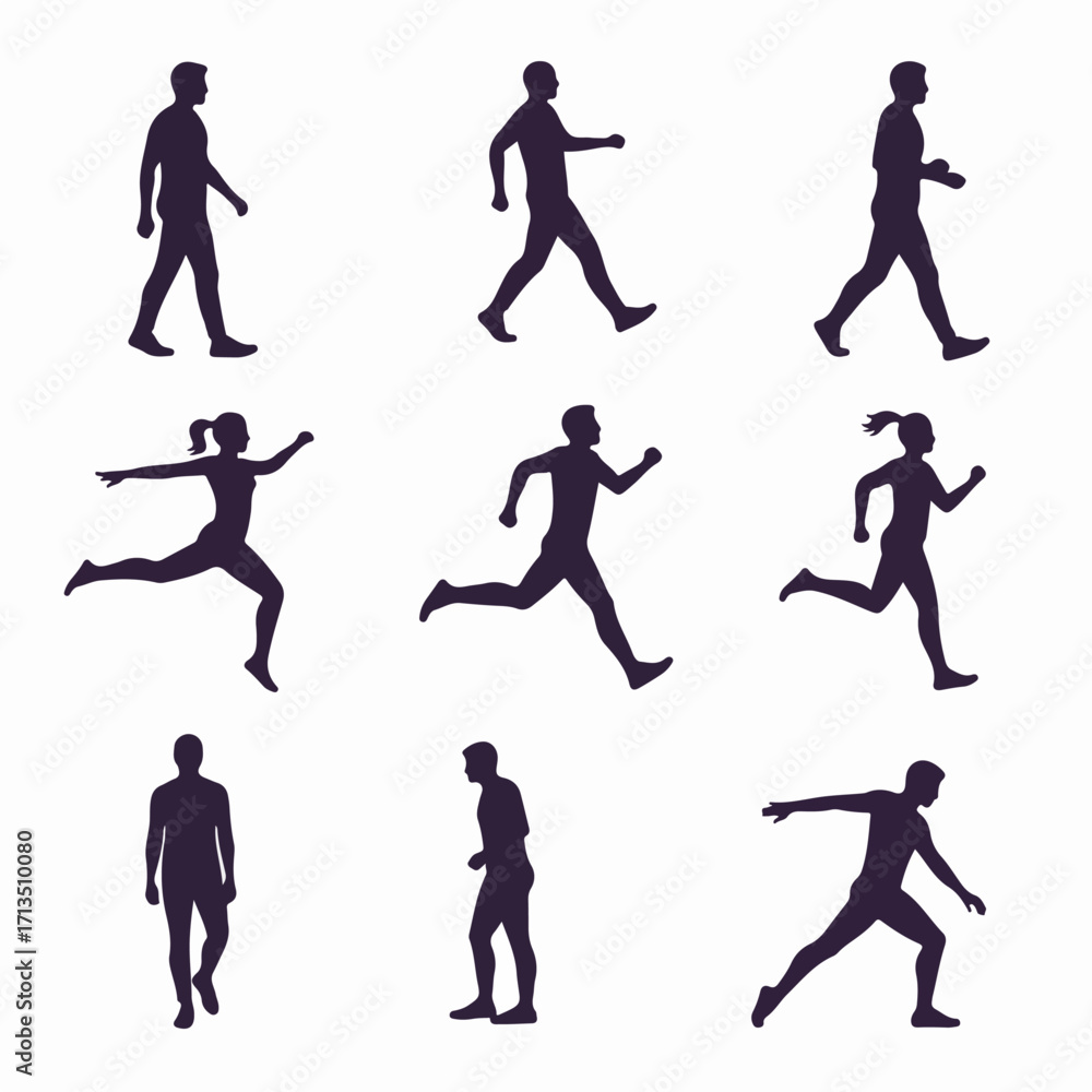 Obraz premium Collection of diverse human silhouettes engaged in walking, running, and dynamic action poses, representing movement, fitness, and active lifestyles.