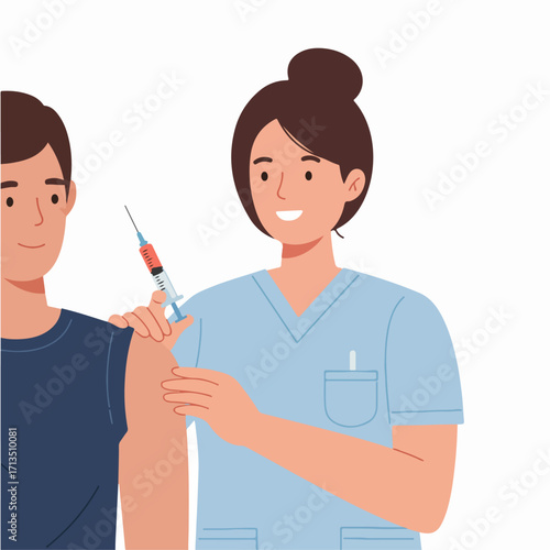 Smiling healthcare professional administers a vaccine to a male patient, representing health, prevention, and medical care.