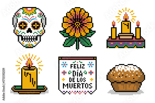 Day of the Dead pixel icons, sugar skull, marigold flower, candles, altar sign, sweet bread, holiday celebration vector