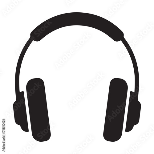 Black headphones on white background representing listening to music and enjoying audio content in a minimal style and design