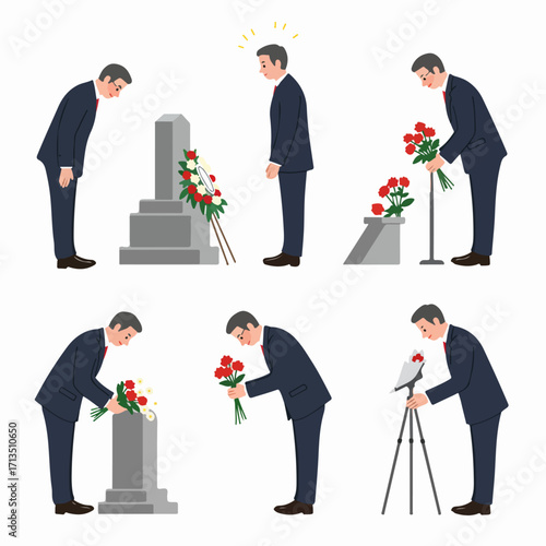 Illustrations of a man in a suit visiting a grave, bowing, and placing flowers, symbolizing remembrance and respect.