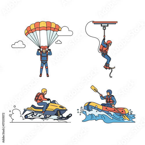 Vector illustration showing various adventure activities, including skydiving and rescue.