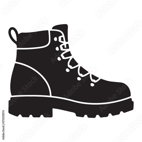 Black hiking boot vector illustration for outdoor adventures and rugged footwear design projects perfect for mountaineering enthusiasts