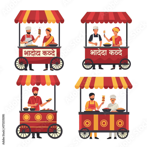A vibrant illustration depicts four street food vendors preparing and serving snacks from their carts.