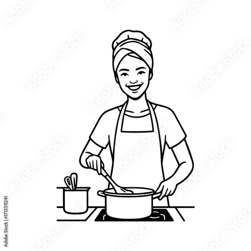 Black and White Vector Illustration of a Smiling Woman Cooking in Kitchen with Apron and Headband
