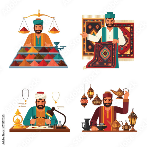 Four illustrations depict a merchant in various traditional Middle Eastern settings, selling goods.