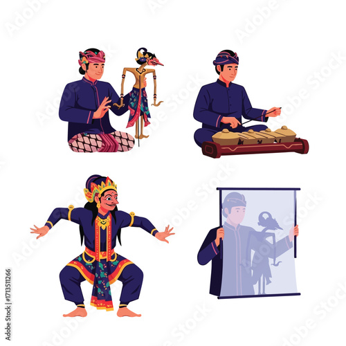 Four illustrations depicting traditional Indonesian performers and the art of shadow puppetry.