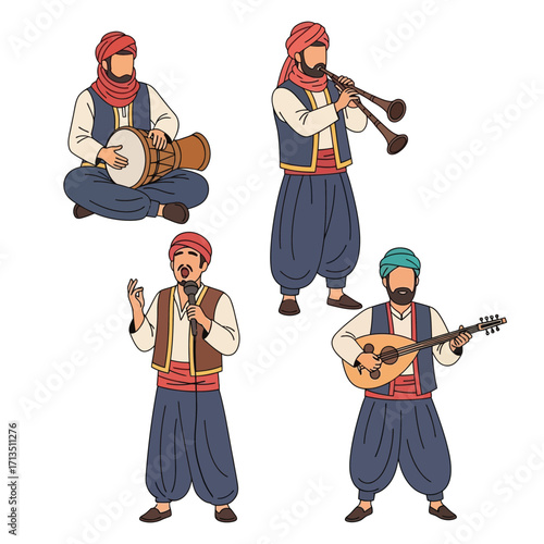 Four illustrations of Middle Eastern musicians playing traditional instruments, performing.