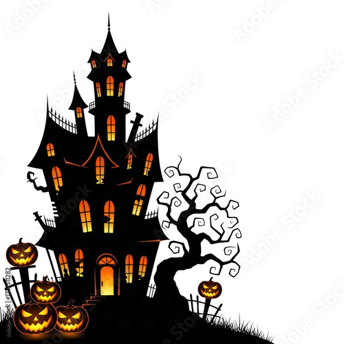 Spooky haunted house silhouette with pumpkins isolated on transparent background for halloween