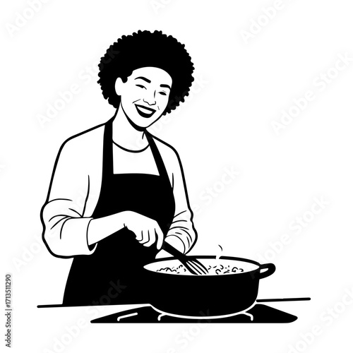 Black and White Vector Illustration of a Smiling Woman Cooking in Kitchen with Apron and Headband
