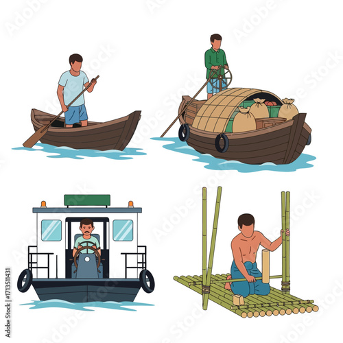 Four illustrations depict men operating different types of boats and rafts on water.