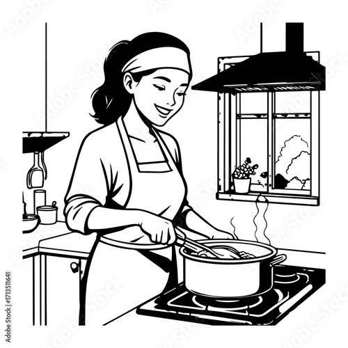 Black and White Vector Illustration of a Smiling Woman Cooking in Kitchen with Apron and Headband
