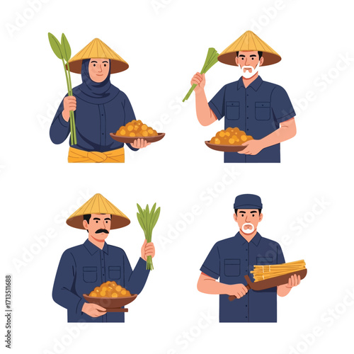 Four Asian farmers, dressed in traditional clothing, holding platters of produce and plants.