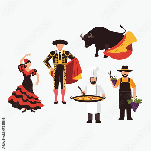 Spanish culture icons, including a dancer, bullfighter, chef, and farmer, showcasing traditional Spanish activities.