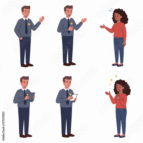 Customer service professional guiding a woman through different experiences, from confusion to understanding or surprise.