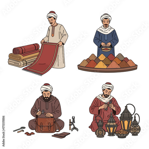 Arabian artisans showcasing textile, spice, leatherwork, and lantern craftsmanship.