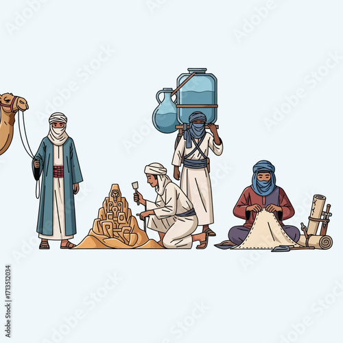 Desert dwellers crafting, trading, and traveling with a camel.
