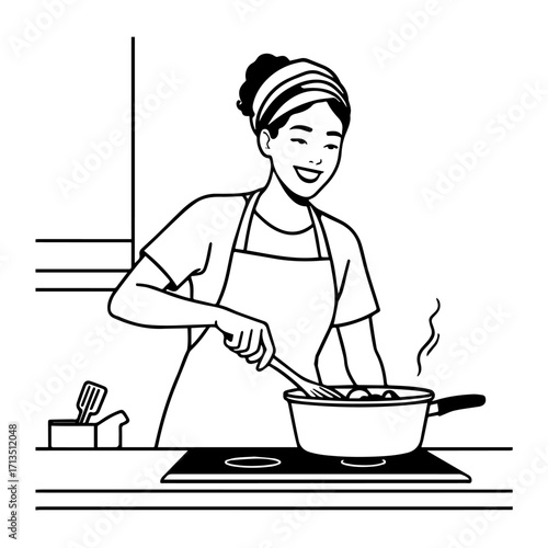 Black and White Vector Illustration of a Smiling Woman Cooking in Kitchen with Apron and Headband
